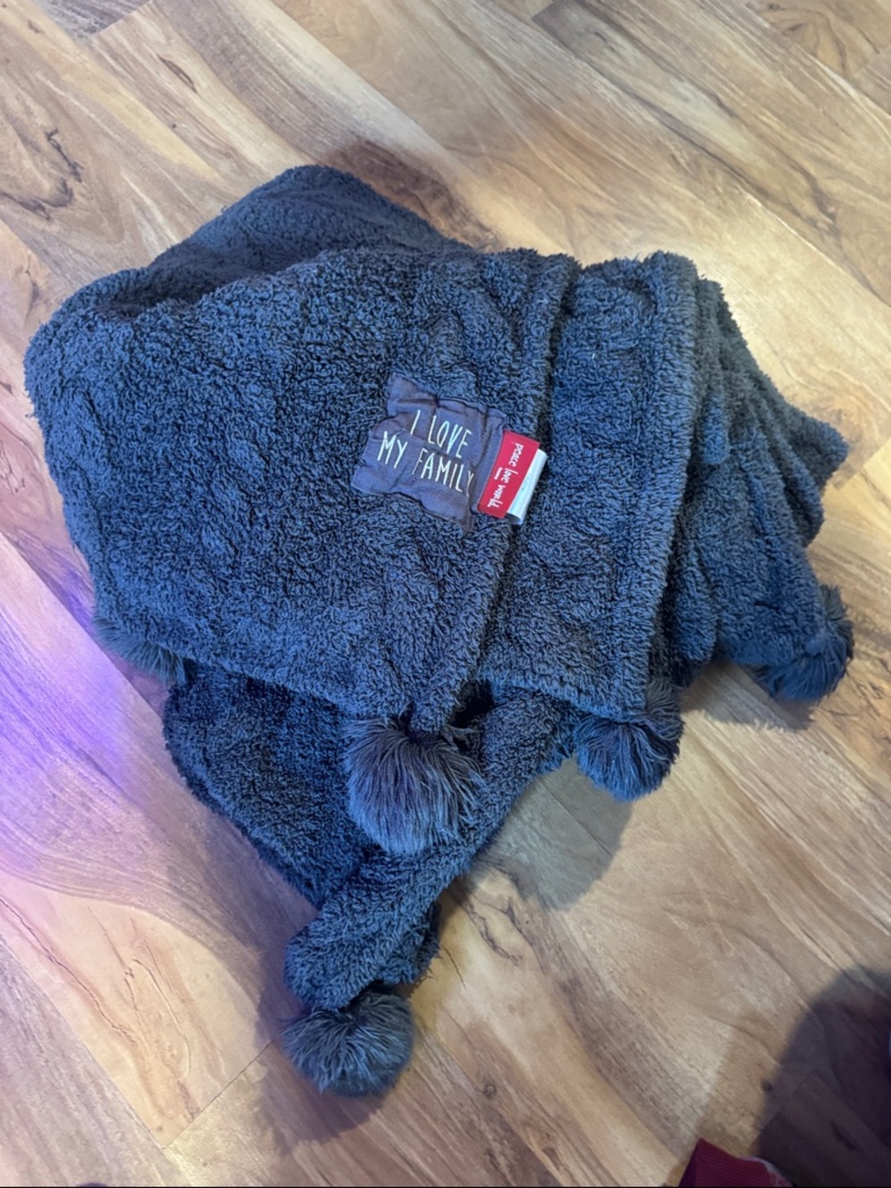 Peace Love World Dark Gray Plush Cable Knit Pom Pom Blanket